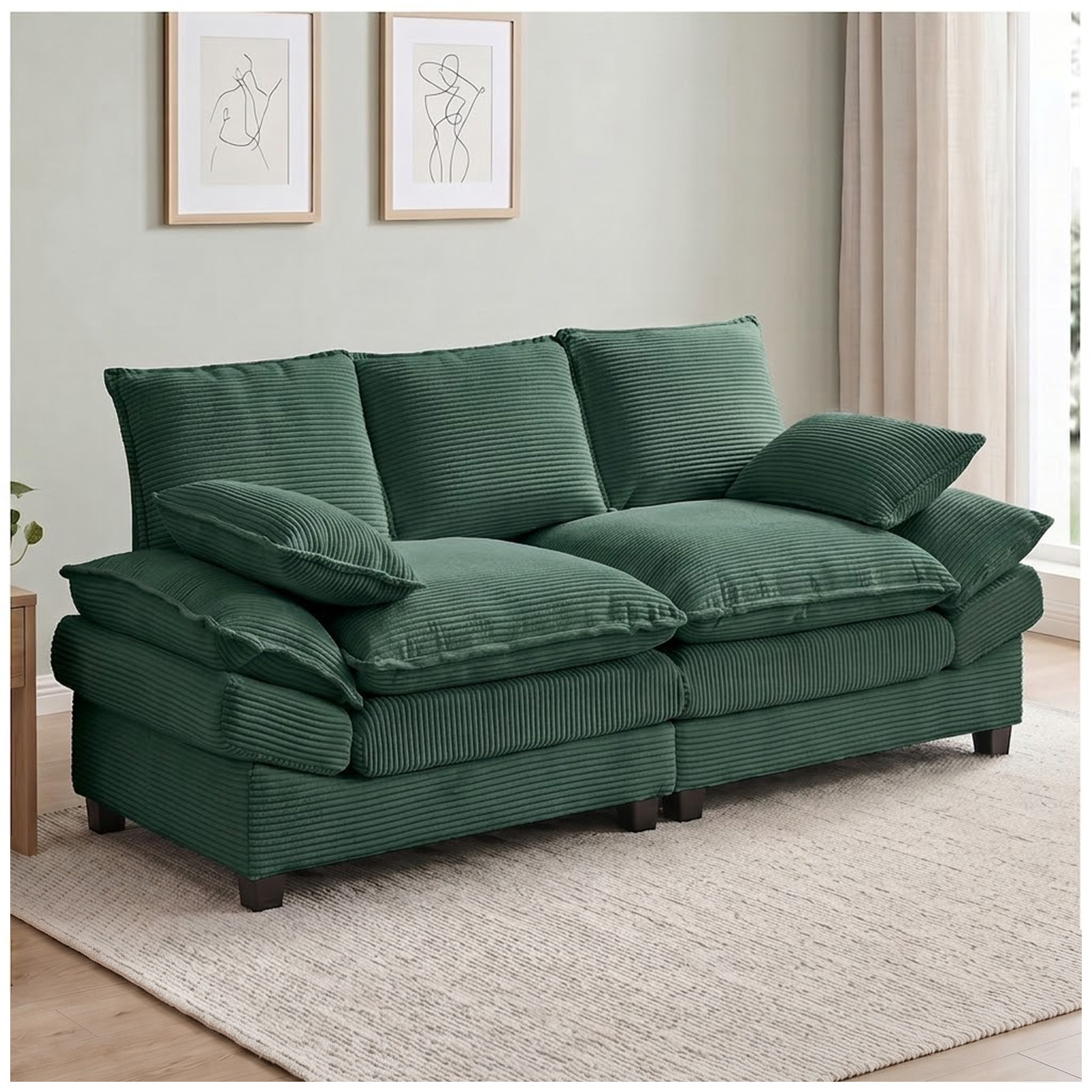 83" Modular Loveseat Sofa, Deep Seat Corduroy Cloud Couch, Comfy 2 Seater Sectional Sofa with Throw Pillows, Modern Upholstered Love Seat Couch for Living Room, Bedroom, Apartment, Green