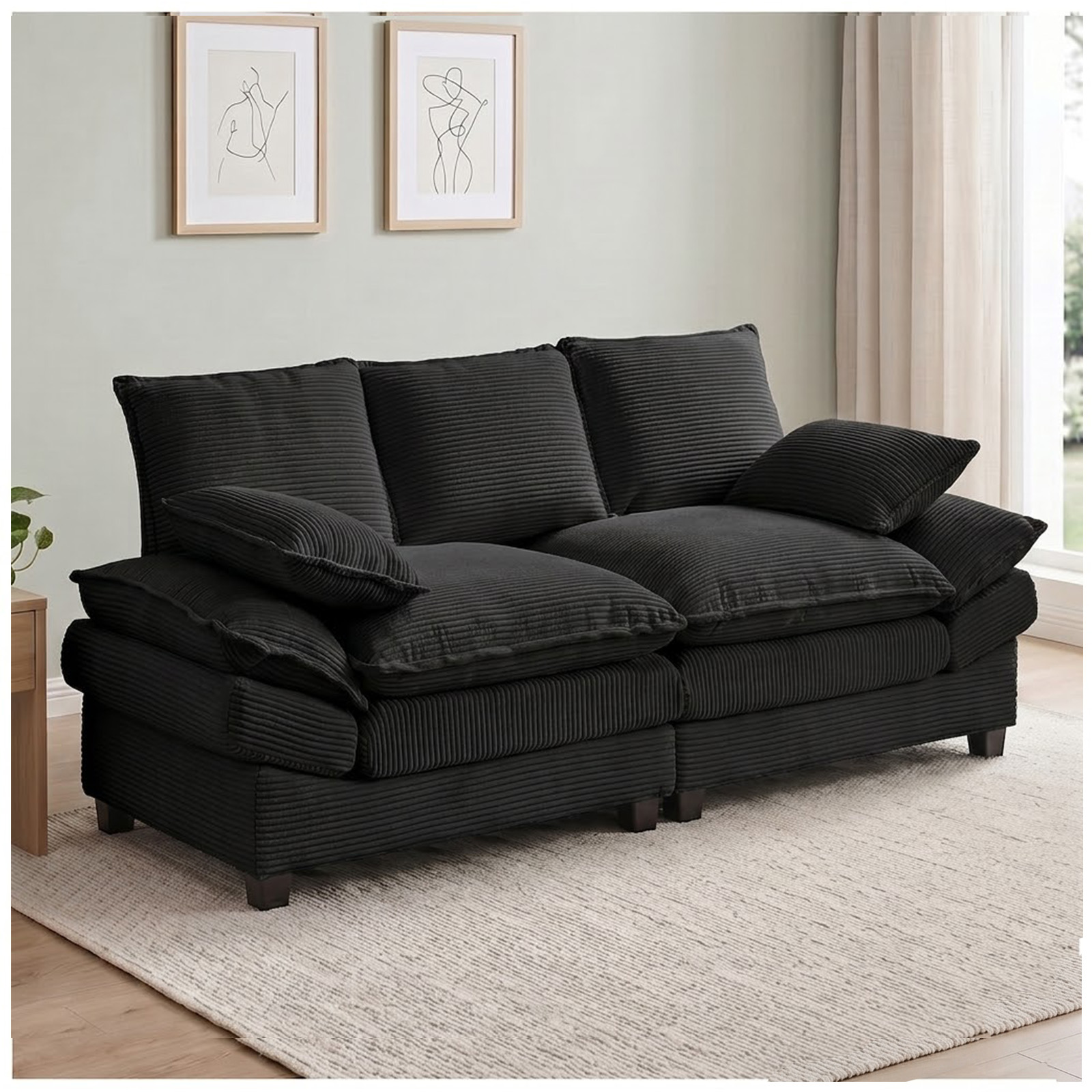 83" Modular Loveseat Sofa, Deep Seat Corduroy Cloud Couch, Comfy 2 Seater Sectional Sofa with Throw Pillows, Modern Upholstered Love Seat Couch for Living Room, Bedroom, Apartment, Black
