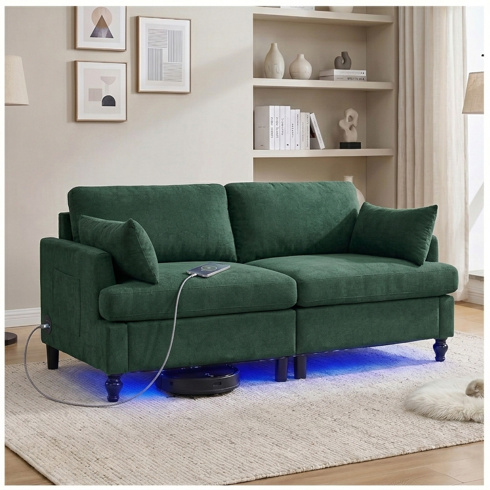 69" Modular Loveseat Sofa with USB Charging Ports, Chenille Deep Seat Cloud Couch Sectional, Modern 2 Seater Sofa with Throw Pillows & LED Light for Living Room, Bedroom, Apartment, Green