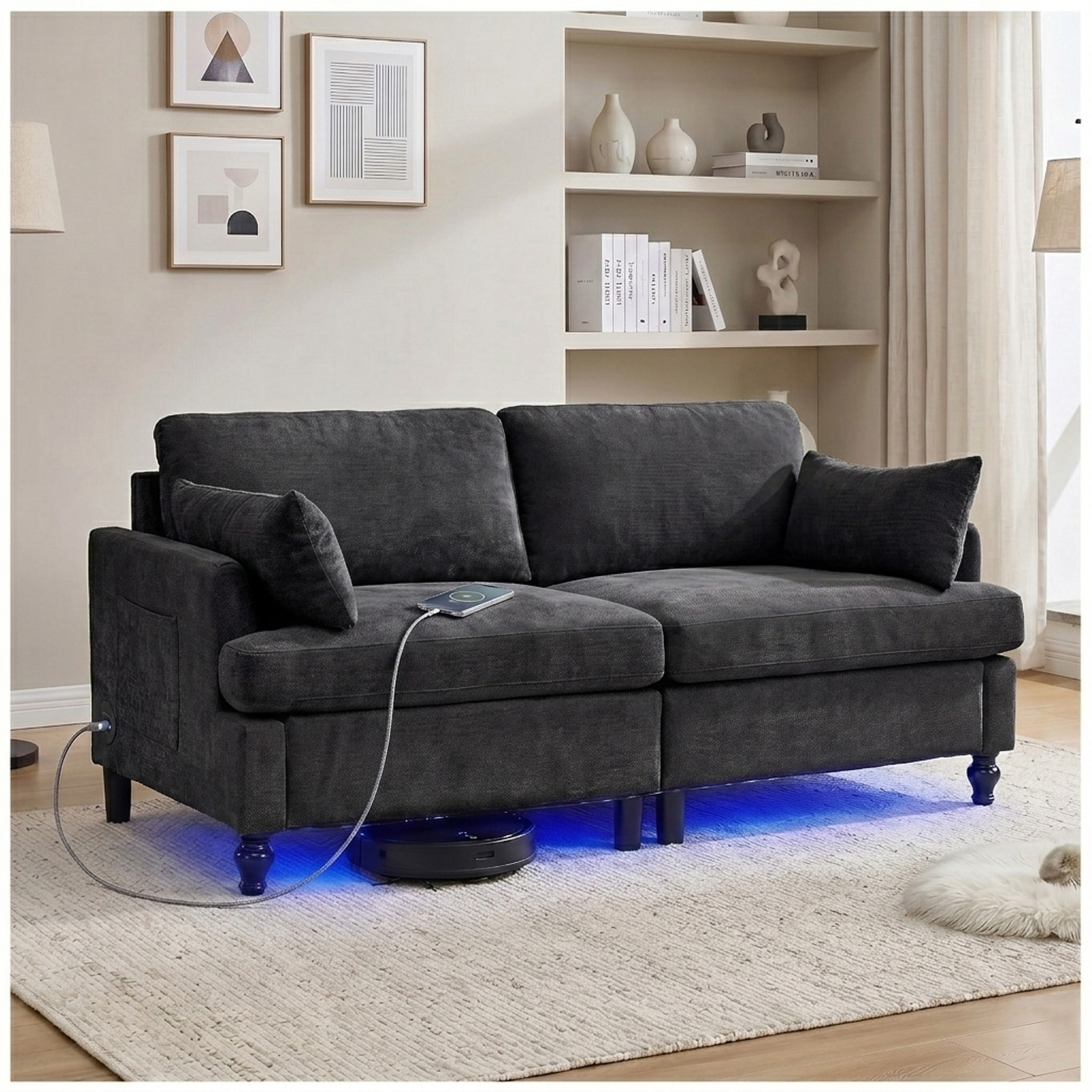69" Modular Loveseat Sofa with USB Charging Ports, Chenille Deep Seat Cloud Couch Sectional, Modern 2 Seater Sofa with Throw Pillows & LED Light for Living Room, Bedroom, Apartment, Black