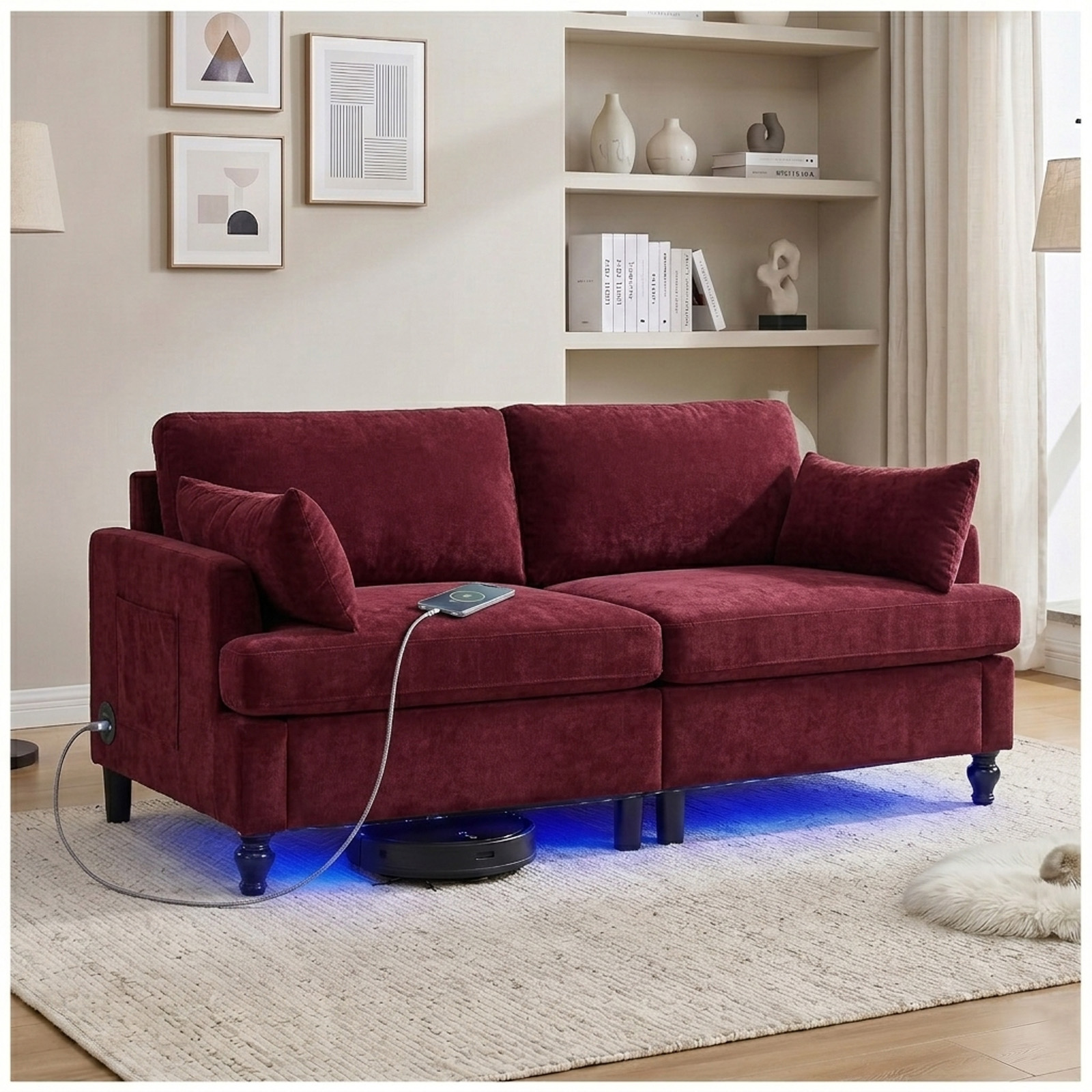 69" Modular Loveseat Sofa with USB Charging Ports, Chenille Deep Seat Cloud Couch Sectional, Modern 2 Seater Sofa with Throw Pillows & LED Light for Living Room, Bedroom, Apartment, Red