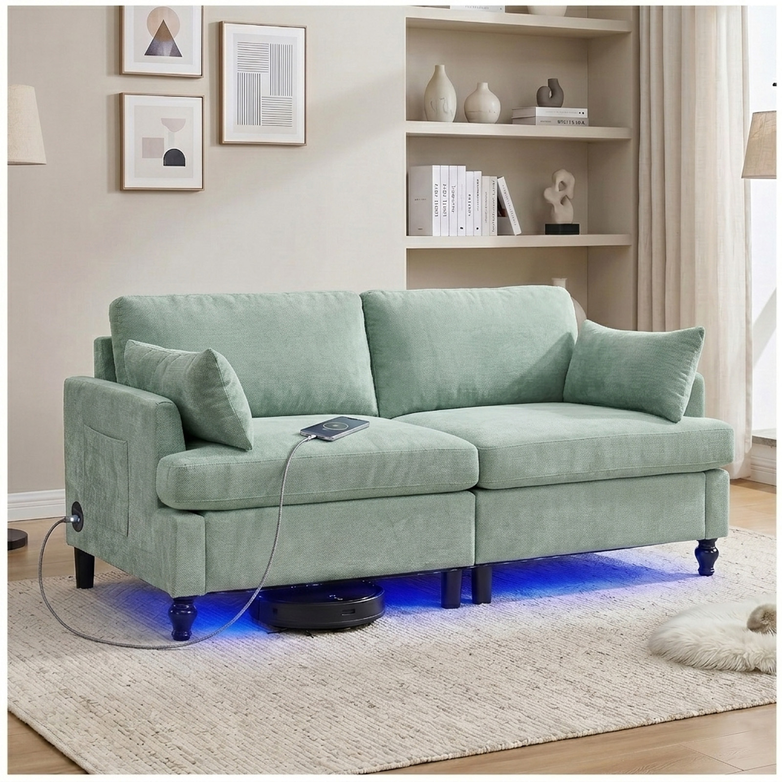 69" Modular Loveseat Sofa with USB Charging Ports, Chenille Deep Seat Cloud Couch Sectional, Modern 2 Seater Sofa with Throw Pillows & LED Light for Living Room, Bedroom, Apartment, Light Green