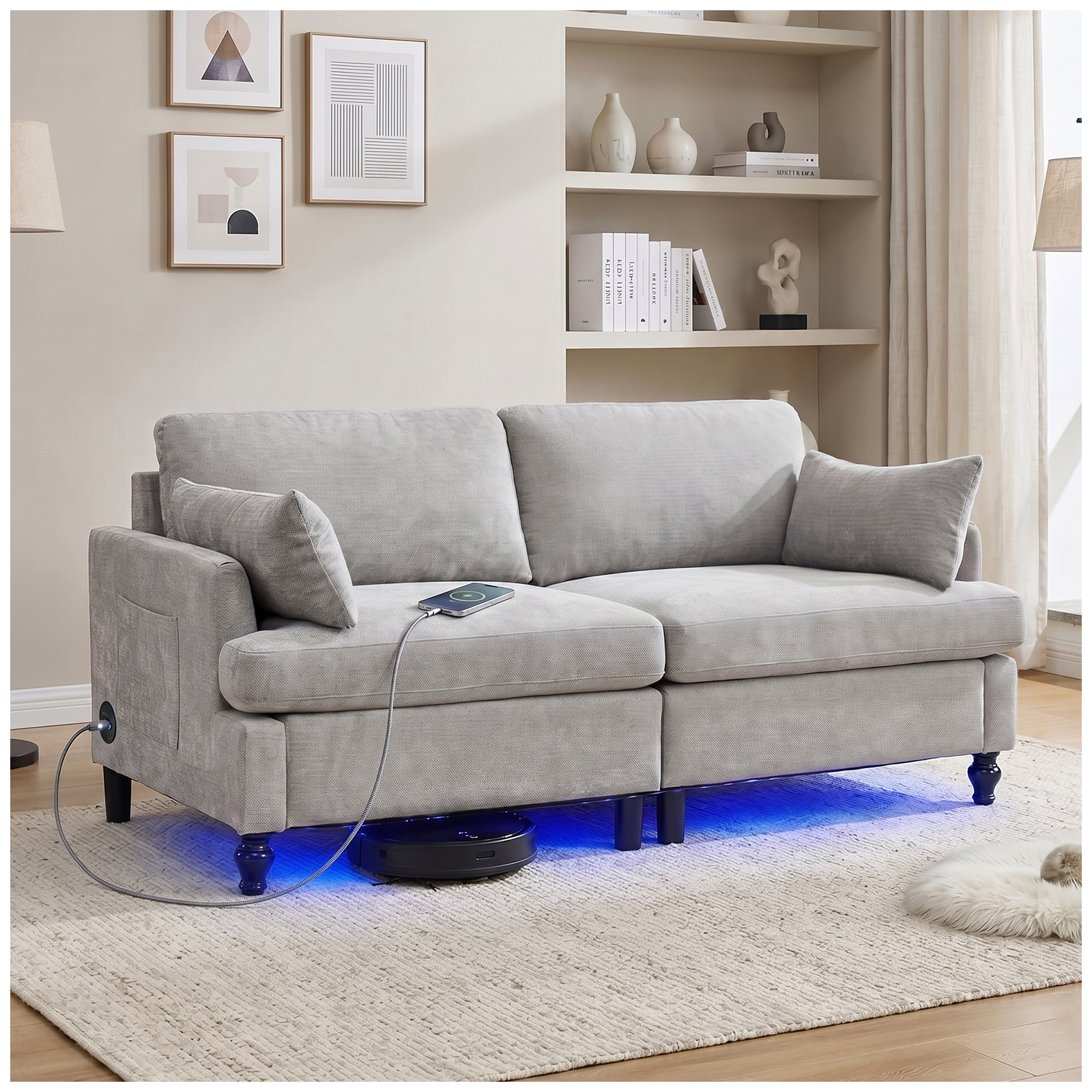 69" Modular Loveseat Sofa with USB Charging Ports, Chenille Deep Seat Cloud Couch Sectional, Modern 2 Seater Sofa with Throw Pillows & LED Light for Living Room, Bedroom, Apartment, Grey
