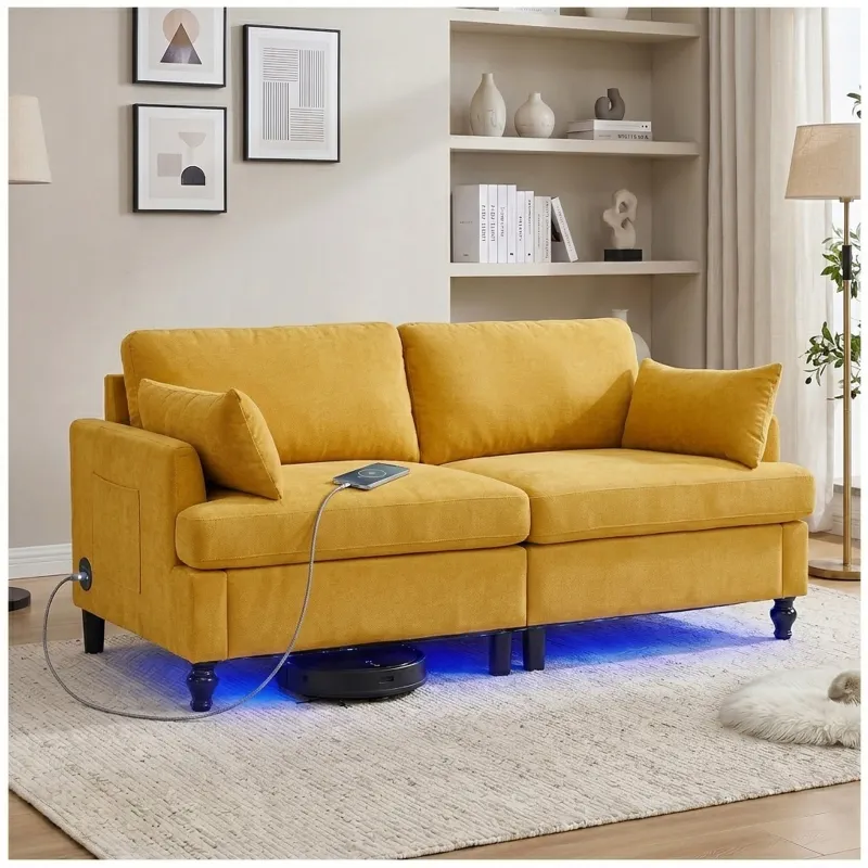 69" Modular Loveseat Sofa with USB Charging Ports, Chenille Deep Seat Cloud Couch Sectional, Modern 2 Seater Sofa with Throw Pillows & LED Light for Living Room, Bedroom, Apartment, Yellow