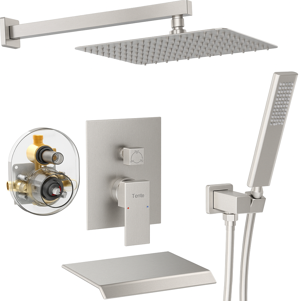 Male NPT Brushed Nickel Shower System, 12 Inch Shower Fixtures Rain Shower Head with Handheld Shower Spray, Wall Mount Shower Faucet Set for Bathroom(Pressure Balance Shower Trim Valve Kit Included)