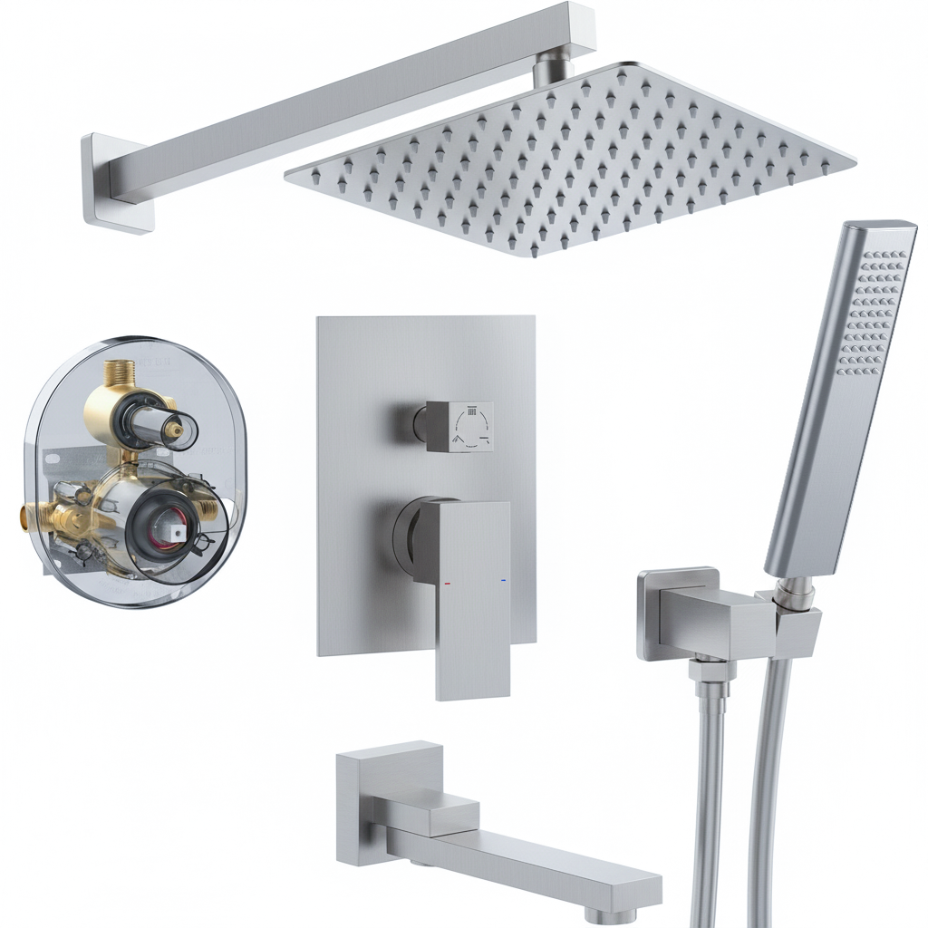 Male NPT Brushed Nickel Shower System, 12 Inch Shower Fixtures Rain Shower Head with Handheld Shower Spray, Wall Mount Shower Faucet Set for Bathroom(Pressure Balance Shower Trim Valve Kit Included)
