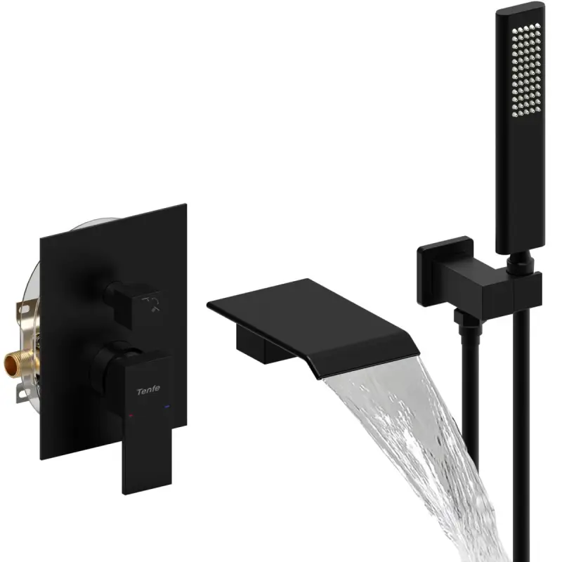 Male NPT Tub Faucet with Hand Shower, Matte Black Waterfall Bathtub Shower Faucet Set, Wall Mount Tub Shower System with Solid Brass Rough-in Valve Shower Trim Kit