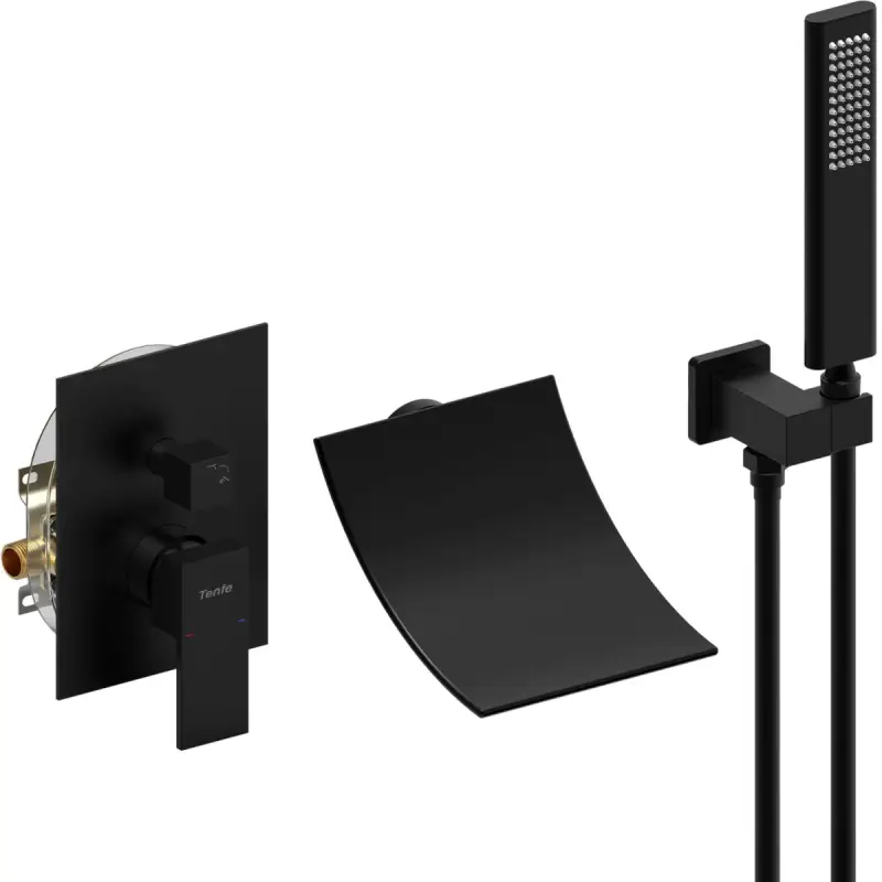 Matte Black Male NPT Waterfall Shower System, High Flow Wall Mount Tub Faucet, Single Handle Bathroom Mixer Tap with Curved Spout, Handheld Shower Head for Commercial Use