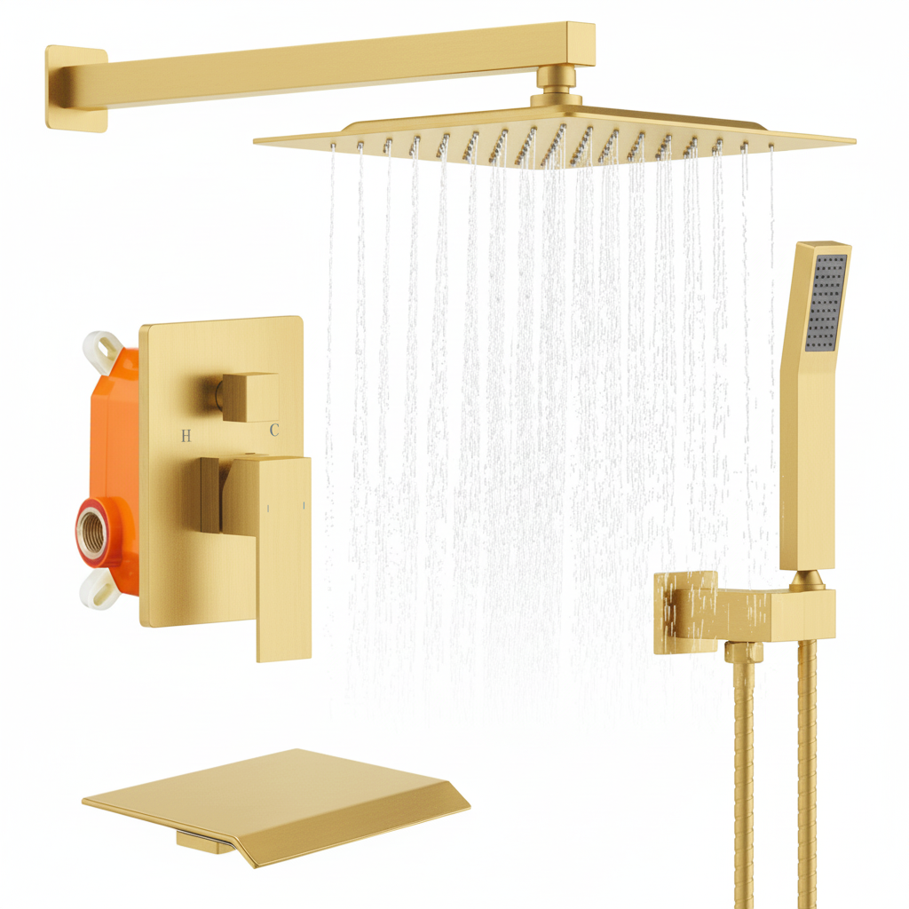 Rain Shower System Brushed Gold, Tub Shower Faucet Set 10 Inch Square Rainfall Shower Head with Handheld Sprayer and Waterfall Tub Spout Pressure Balance