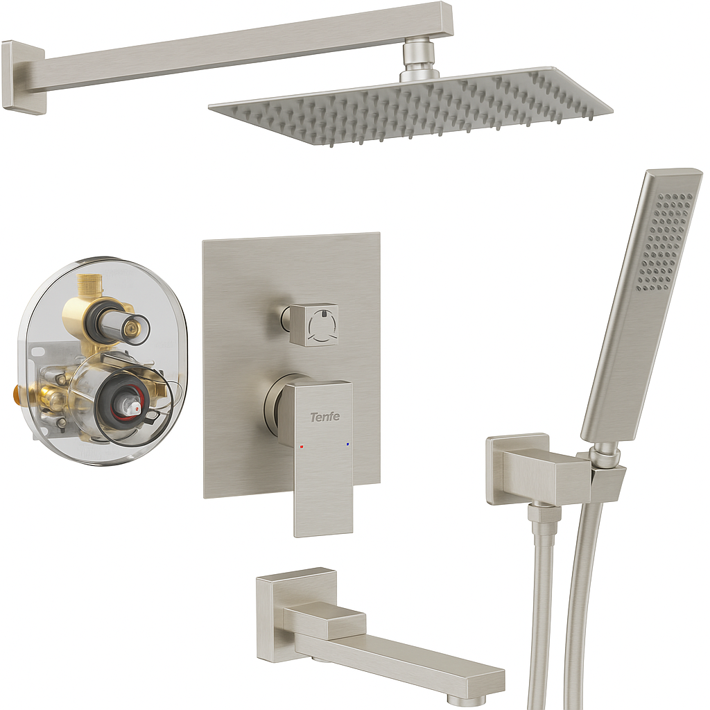 Male NPT Folding Bathtub Shower Faucet, Rain Shower Head System with Bath Tub Faucet Set and Handheld for Bathroom, Brushed Nickel 3 Function Tub Shower Rough-in Valve and Diverter