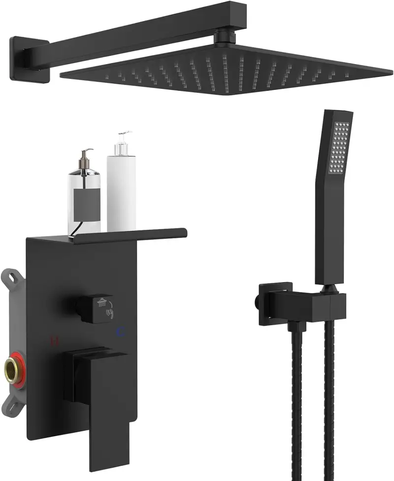 Rainfall Shower System With Storage Rack 10 inch Shower Faucet Set Matte Black with High Pressure with Square Shower Head Luxury Shower Set Wall Mount