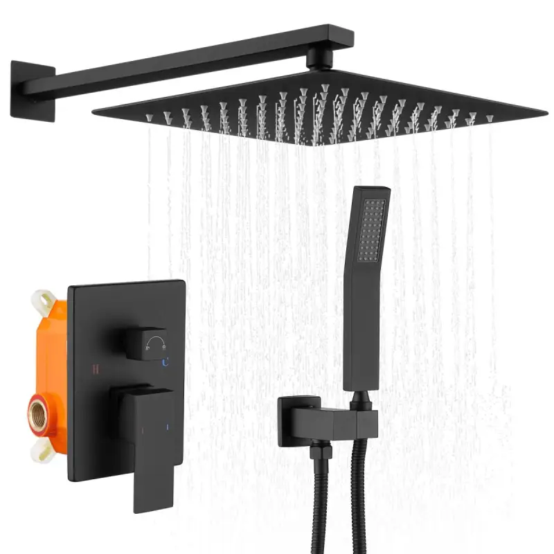 Shower System Shower Faucet Combo Set Wall Mounted with 12" Rainfall Shower Head and handheld shower faucet, Matte Black Finish with Brass Valve Rough-In
