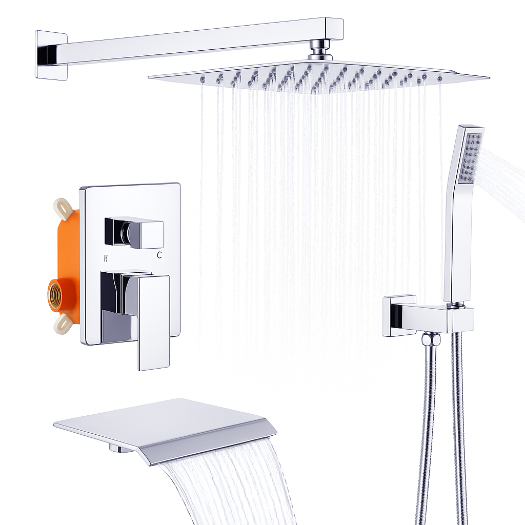 Rain Shower System Chrome, Tub Shower Faucet Set 10 Inch Square Rainfall Shower Head with Handheld Sprayer and Waterfall Tub Spout Pressure Balance