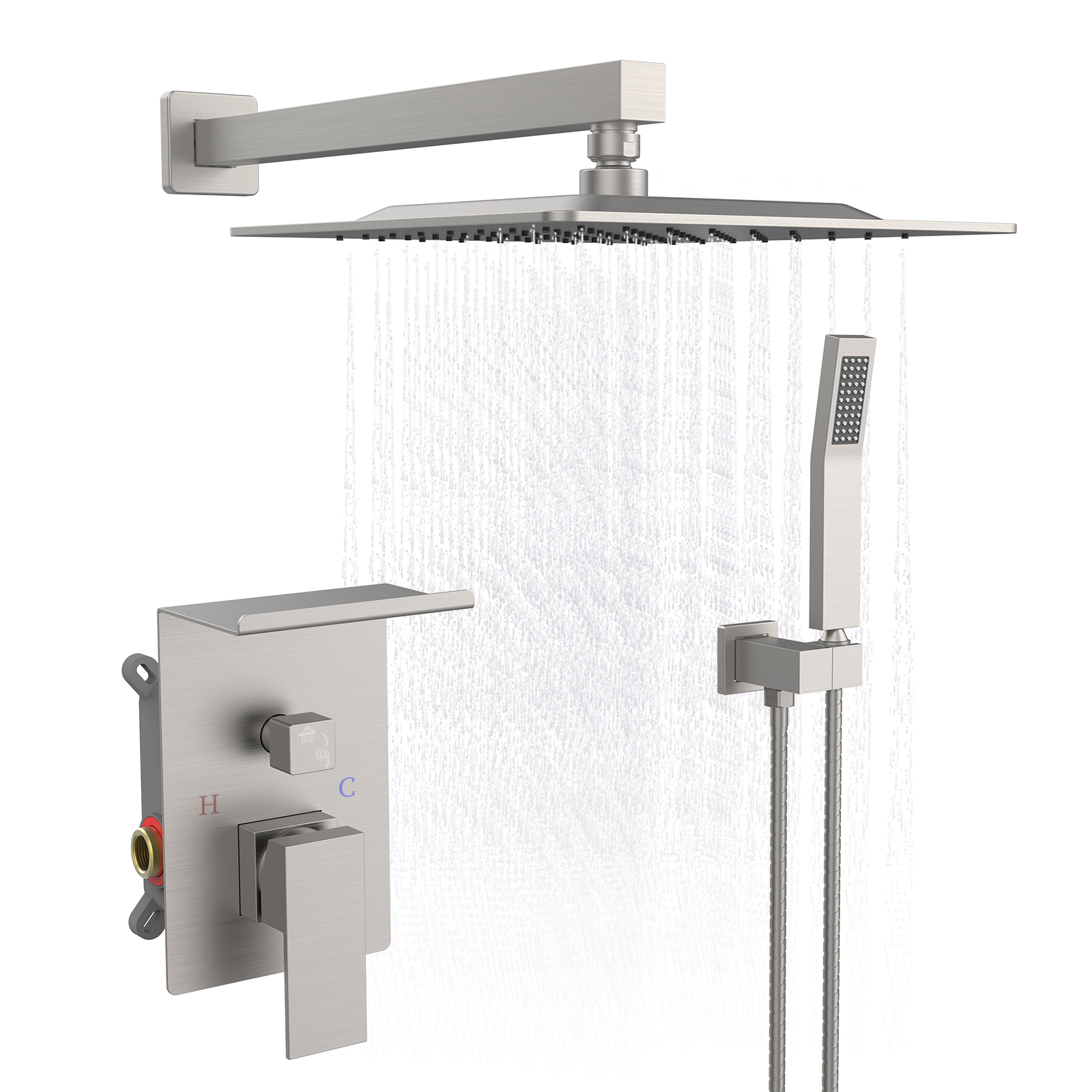 Rainfall Shower System With Storage Rack 10 inch Shower Faucet Set Brushed Nickel with High Pressure with Square Shower Head Luxury Shower Set Wall Mount
