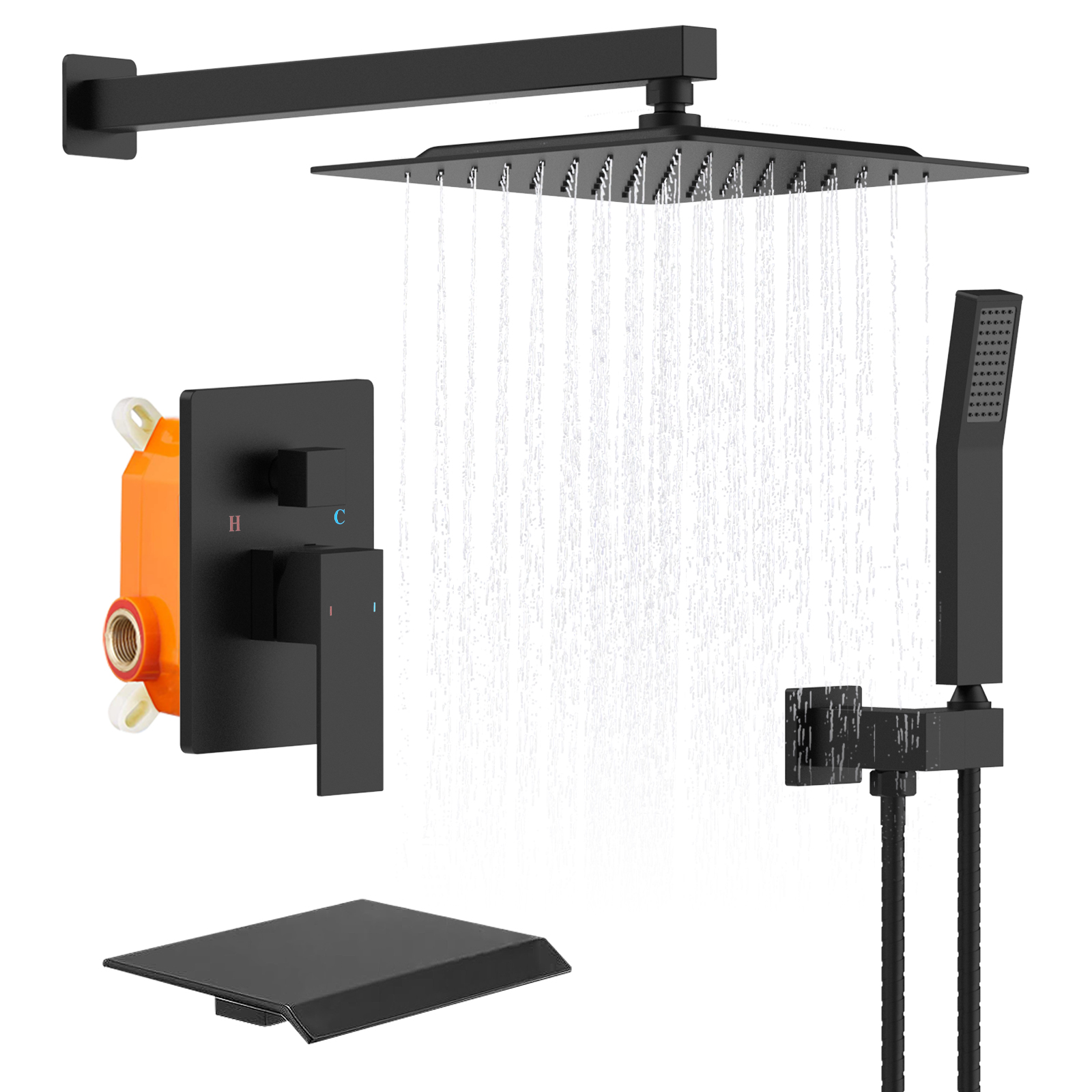 Rain Shower System Matte Black Tub Shower Faucet Set 10 Inch Square Rainfall Shower Head with Handheld Sprayer and Waterfall Tub Spout Pressure Balance Rough-in Valve Shower Mixer Combo