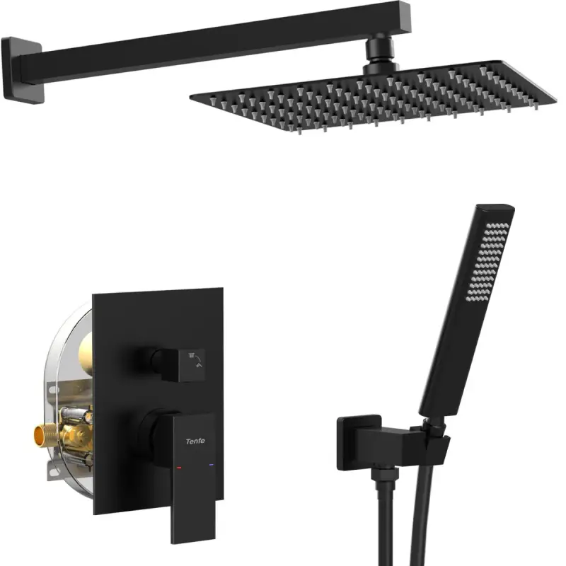 Matte Black Male NPT Shower System, Bathroom Shower Faucet Set w/10 Inch Rain Shower Head & Handheld, Pressure Balance Shower Trim Valve Kit