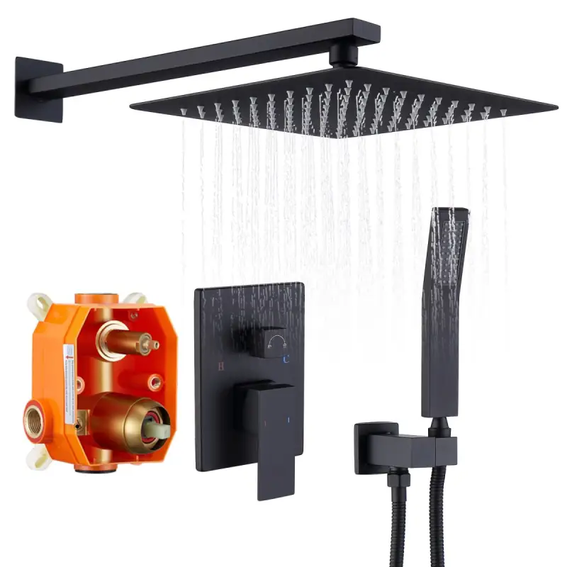 Shower System Shower Faucet Combo Set Wall Mounted with 10" Rainfall Shower Head and handheld shower faucet, Matte Black Finish with Brass Valve Rough-In