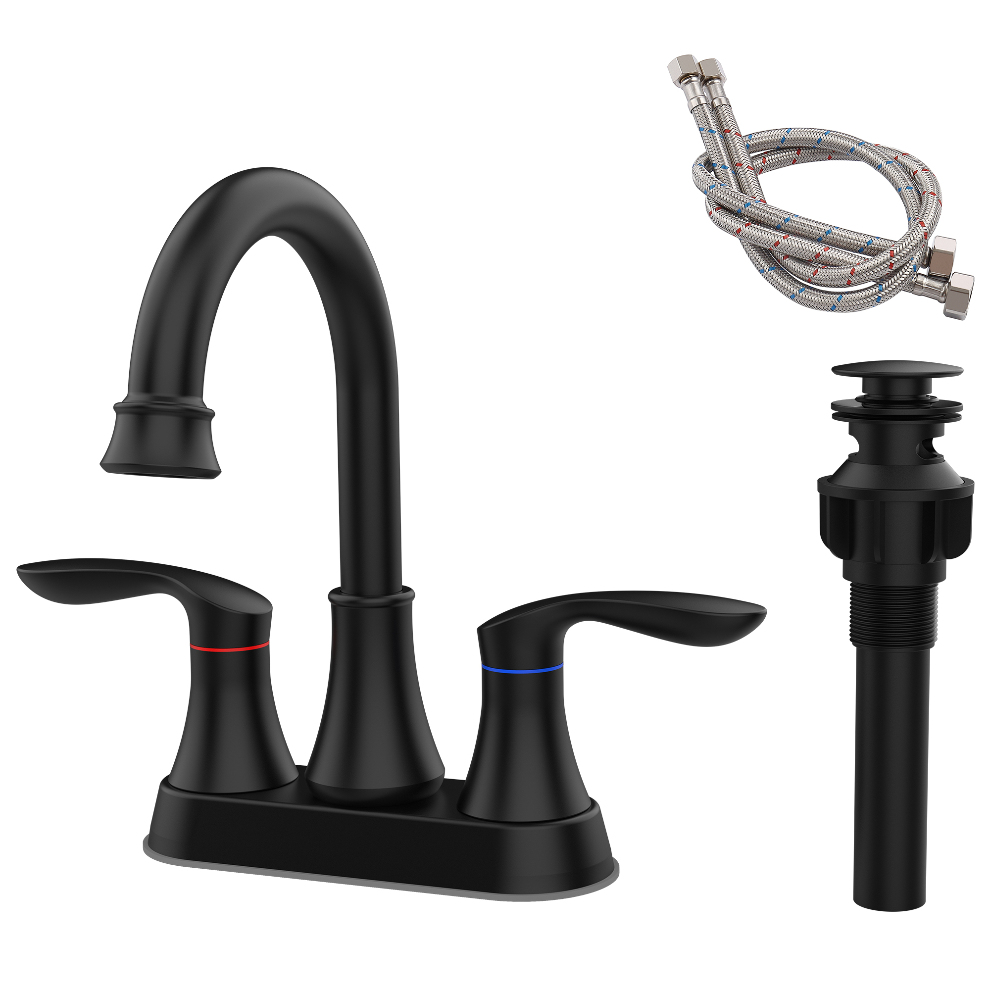 2-Handle 4-Inch Matte Black Bathroom Faucet, Bathroom Vanity Sink Faucets with Pop-up Drain and Supply Hoses