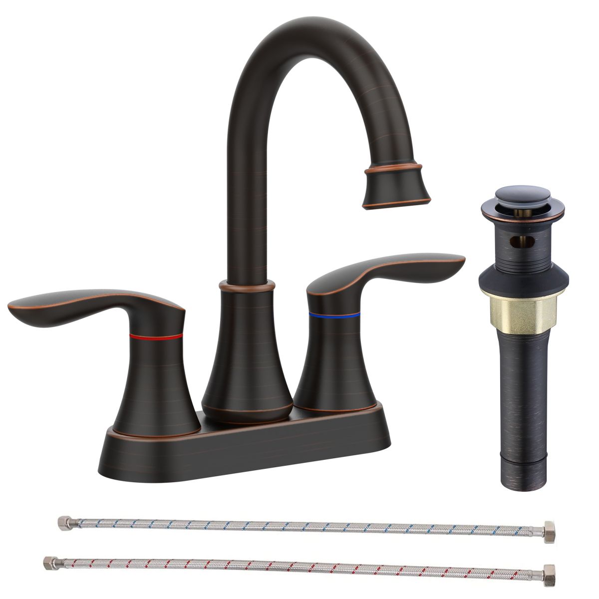 2-Handle 4-Inch Oil Rubbed Bronze Bathroom Faucet, Bathroom Vanity Sink Faucets with Pop-up Drain and Supply Hoses