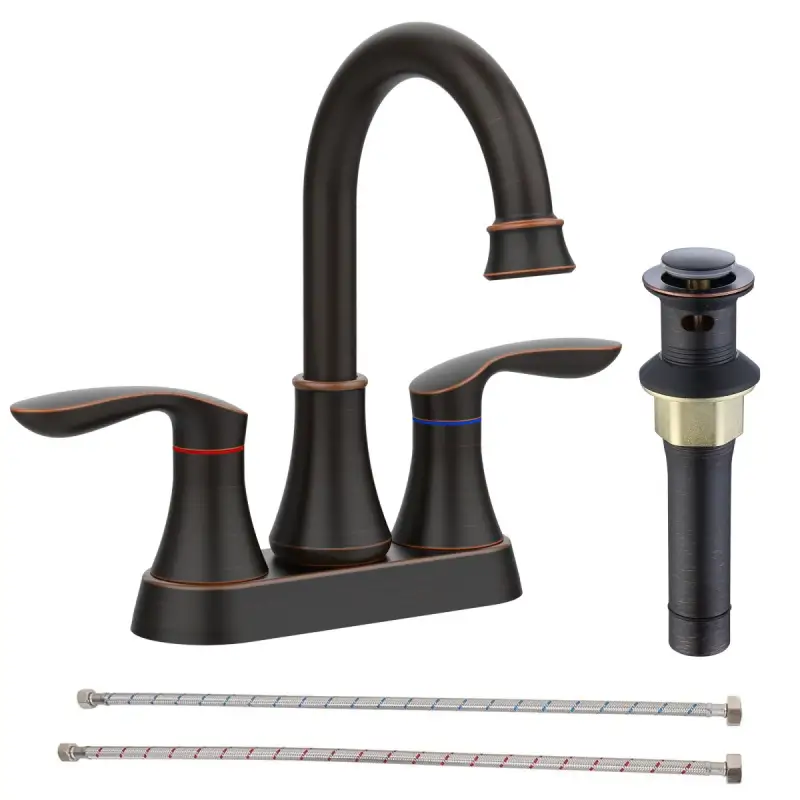 2-Handle 4-Inch Oil Rubbed Bronze Bathroom Faucet, Bathroom Vanity Sink Faucets with Pop-up Drain and Supply Hoses