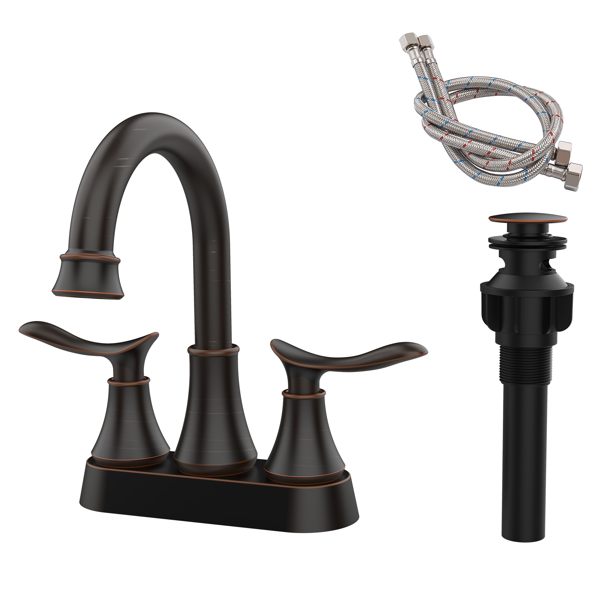 2-Handle 4-Inch Oil Rubbed Bronze Bathroom Faucet, Bathroom Vanity Sink Faucets with Pop-up Drain and Supply Hoses