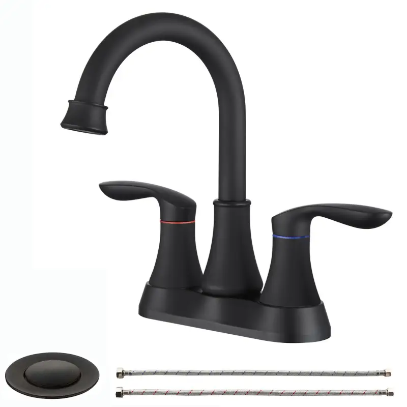 Bathroom Faucet Matte Black with Pop-up Drain & Supply Hoses 2-Handle 360 Degree High Arc Swivel Spout Centerset 6 Inch Vanity Sink Faucet 4011B-MB