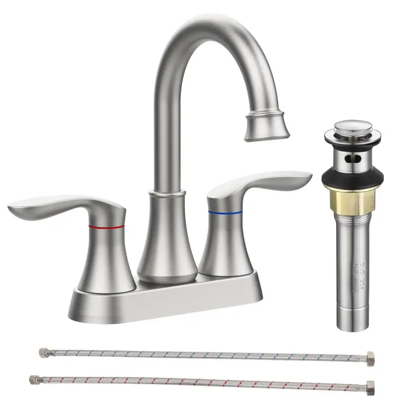 2-Handle 4-Inch Brushed Nickel Bathroom Faucet, Bathroom Vanity Sink Faucets with Pop-up Drain and Supply Hoses
