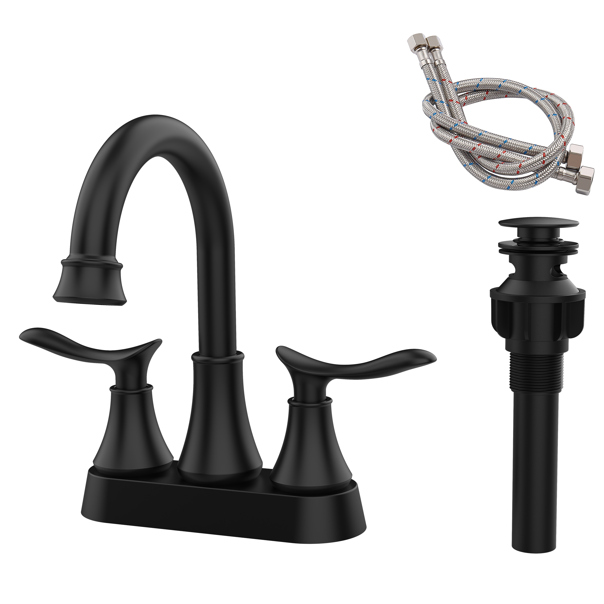 2-Handle 4-Inch Matte Black Bathroom Faucet, Bathroom Vanity Sink Faucets with Pop-up Drain and Supply Hoses