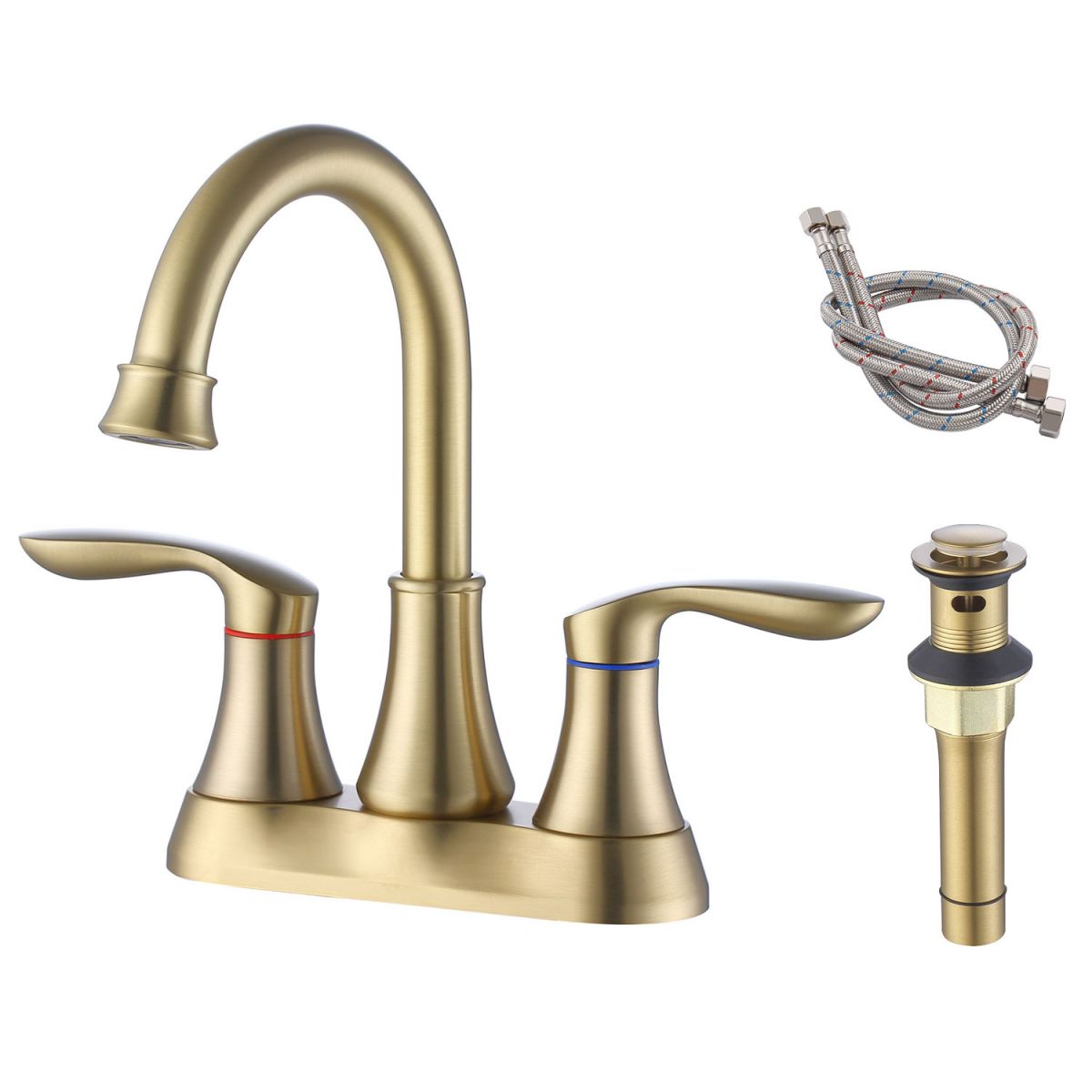 Bathroom Faucet Brushed Gold with Pop up Drain & Supply Hoses 2-Handle 360 Degree High Arc Swivel Spout Centerset 4 Inch Vanity Sink Faucet 4011B-NA