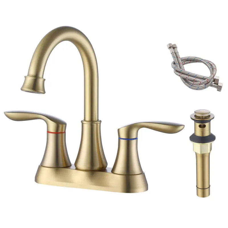 Bathroom Faucet Brushed Gold with Pop up Drain & Supply Hoses 2-Handle 360 Degree High Arc Swivel Spout Centerset 4 Inch Vanity Sink Faucet 4011B-NA