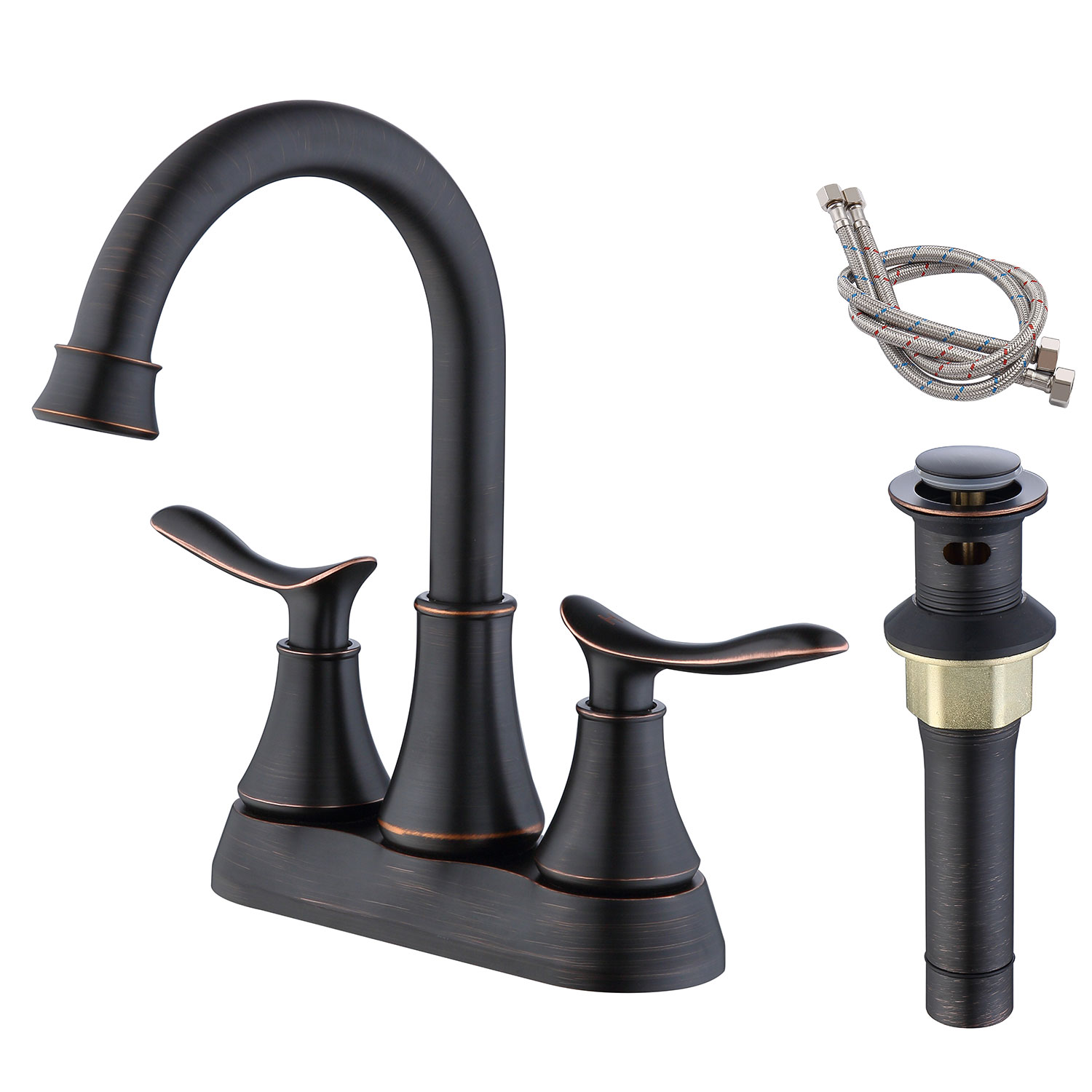 2-Handle 4-Inch Oil Rubbed Bronze Bathroom Faucet, Bathroom Vanity Sink Faucets with Pop-up Drain and Supply Hoses