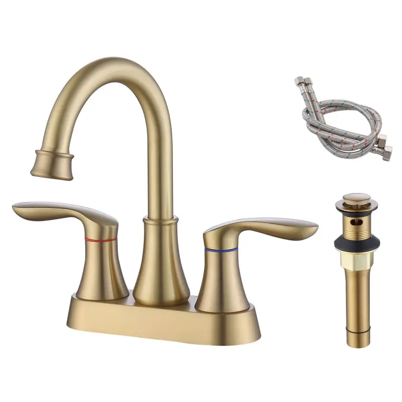 Bathroom Faucet Brushed Gold with Pop-up Drain & Supply Hoses 2-Handle 360 Degree High Arc Swivel Spout Centerset 4 Inch Vanity Sink Faucet