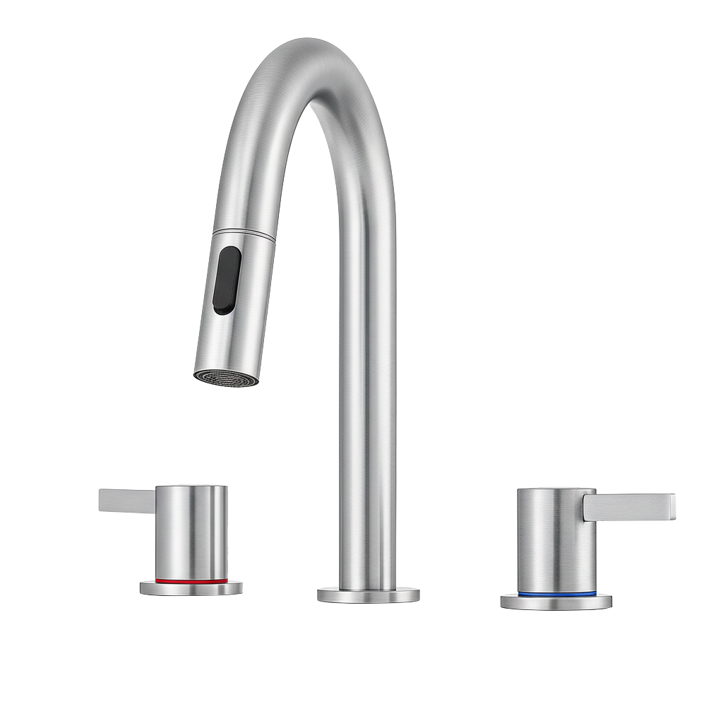 8-Inch Widespread Lavatory Faucet, 2-Handle 3-Hole with Pop-Up Drain and 360° Pull-Down Sprayer, Brushed Nickel