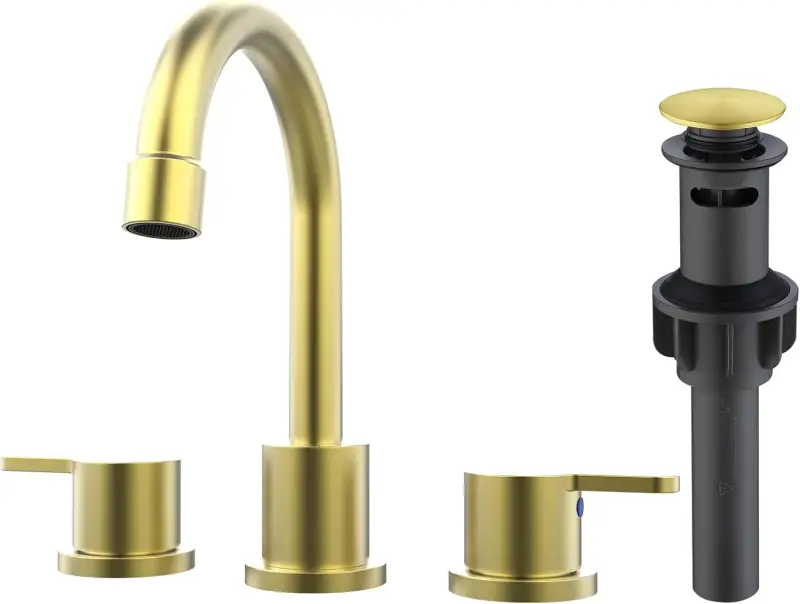 Widespread Bathroom Sink Faucet Brushed Gold 2 Handle 8 inch 3 Hole 360°Swivel Spout Vanity Sink with Pop Up Drain Assembly