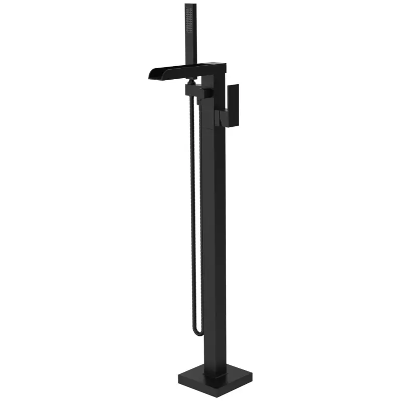 Freestanding Bathtub Faucet Waterfall Tub Filler Black Floor Mount Brass Bathroom Faucets with Hand Shower