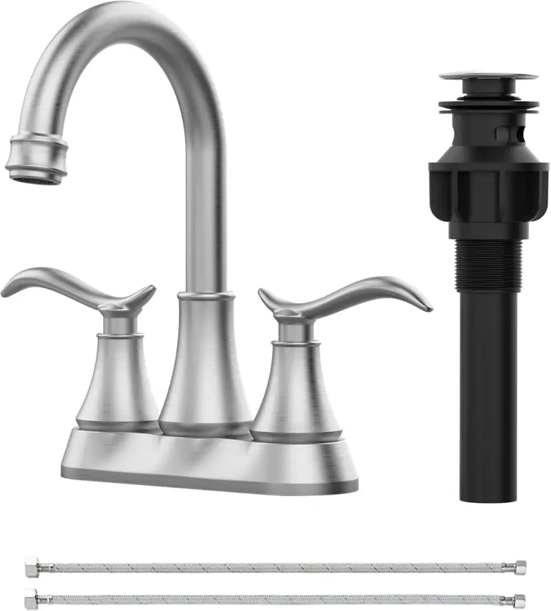 Bathroom Faucet Brushed Nickel with Pop-up Drain & Supply Hoses 2-Handle 360 Degree High Arc Swivel Spout Centerset 4 Inch Vanity Sink Faucet