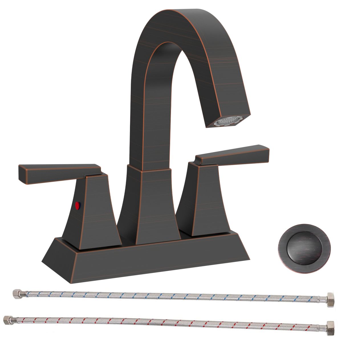 Bathroom Sink Faucet Oil Rubbed Bronze 2-Handle 4 Inch Center-Set Bathroom Sink Faucet, Sink Drain with Overflow Hole and 2 Supply Lines Included, Modern Vanity Basin Faucet