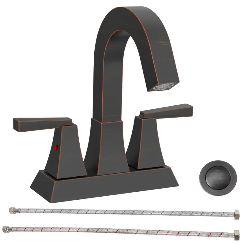 Bathroom Sink Faucet Oil Rubbed Bronze 2-Handle 4 Inch Center-Set Bathroom Sink Faucet, Sink Drain with Overflow Hole and 2 Supply Lines Included, Modern Vanity Basin Faucet