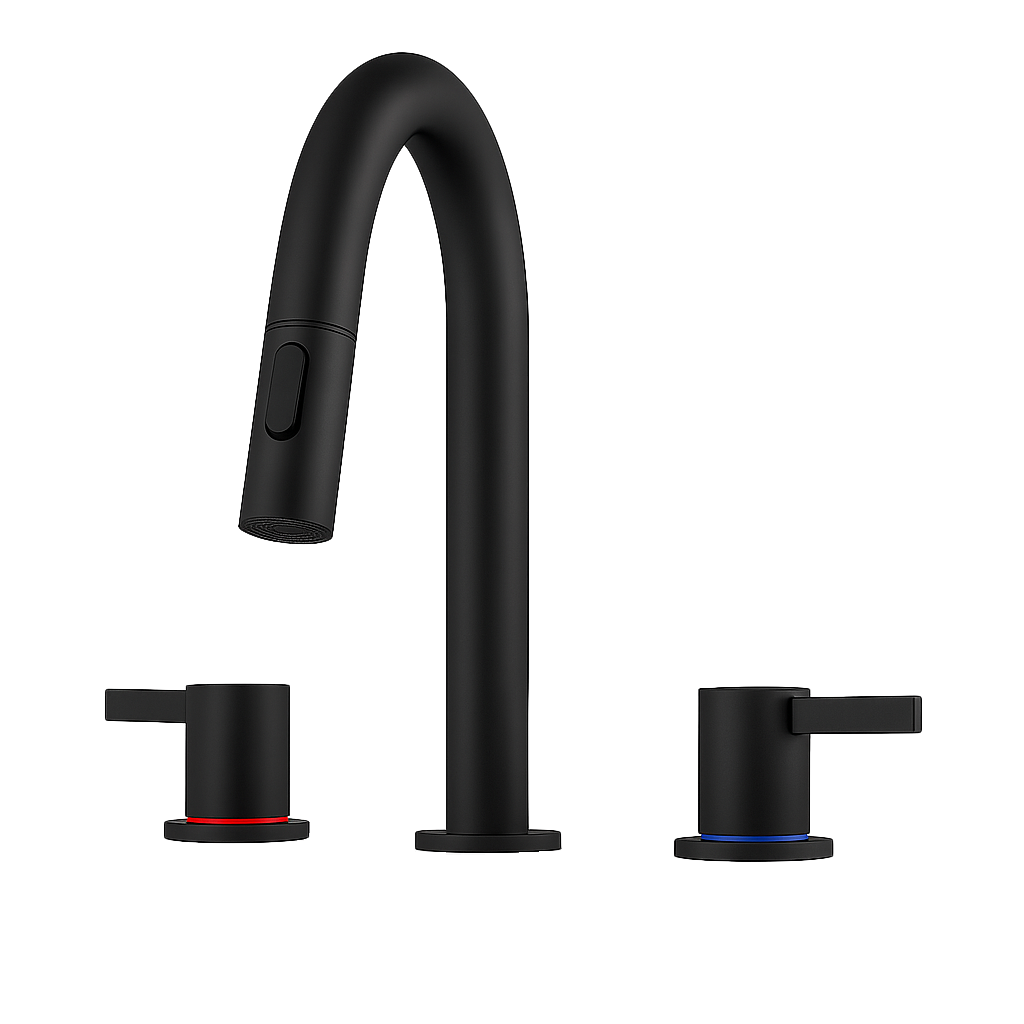 8-Inch Widespread Lavatory Faucet, 2-Handle 3-Hole with Pop-Up Drain and 360° Pull-Down Sprayer, Matte Black