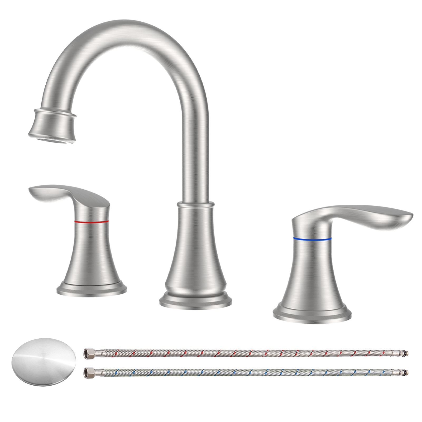 2-Handle 8 inch Widespread Bathroom Sink Faucet Brushed Nickel Lavatory Faucet 3 Hole 360° Swivel Spout Vanity Sink Basin Faucets with Pop Up Drain Assembly and cUPC Water Supply Hoses