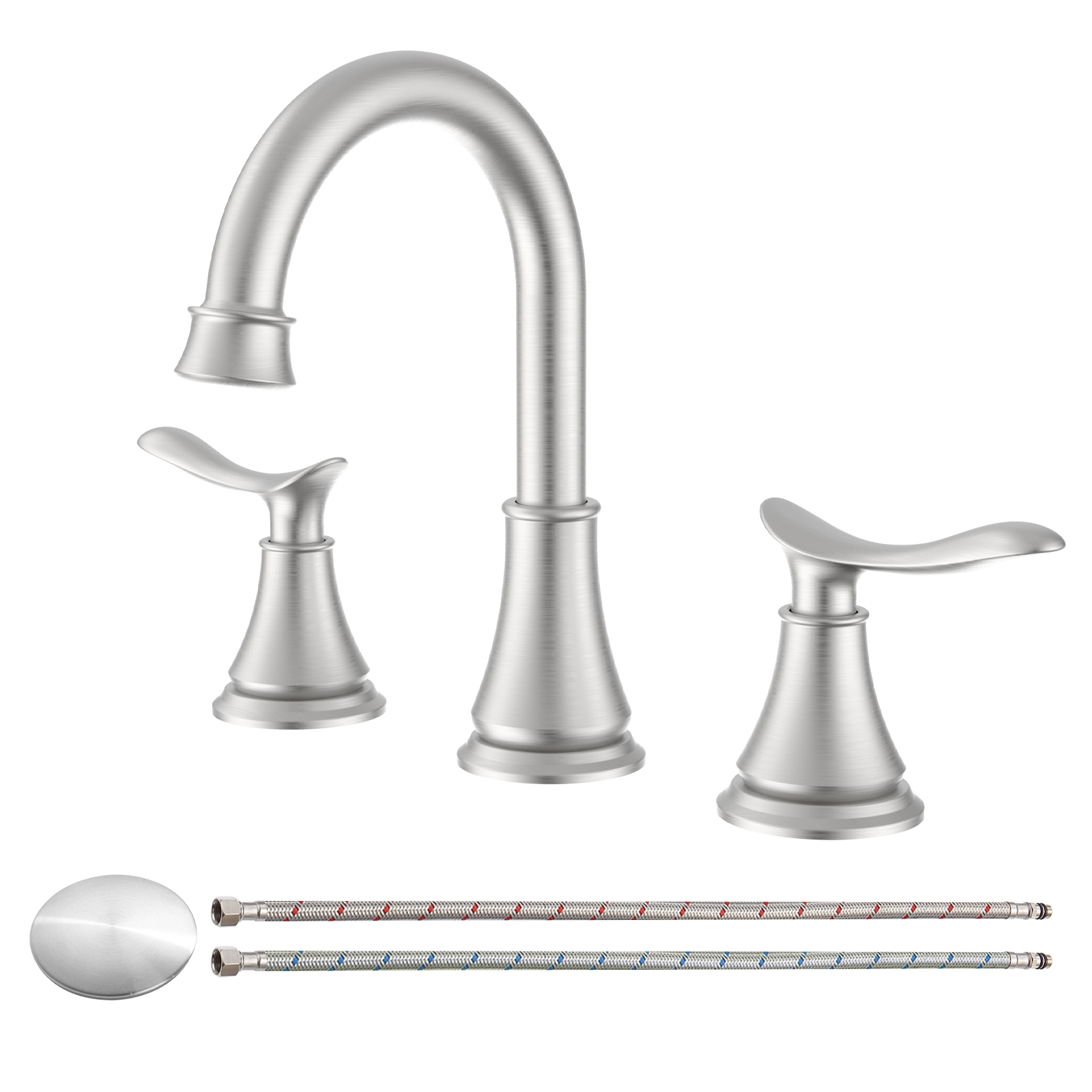 2-Handle 8 inch Widespread Bathroom Sink Faucet Brushed Nickel Lavatory Faucet 3 Hole 360° Swivel Spout Vanity Sink Basin Faucets with Pop Up Drain Assembly and cUPC Water Supply Hoses