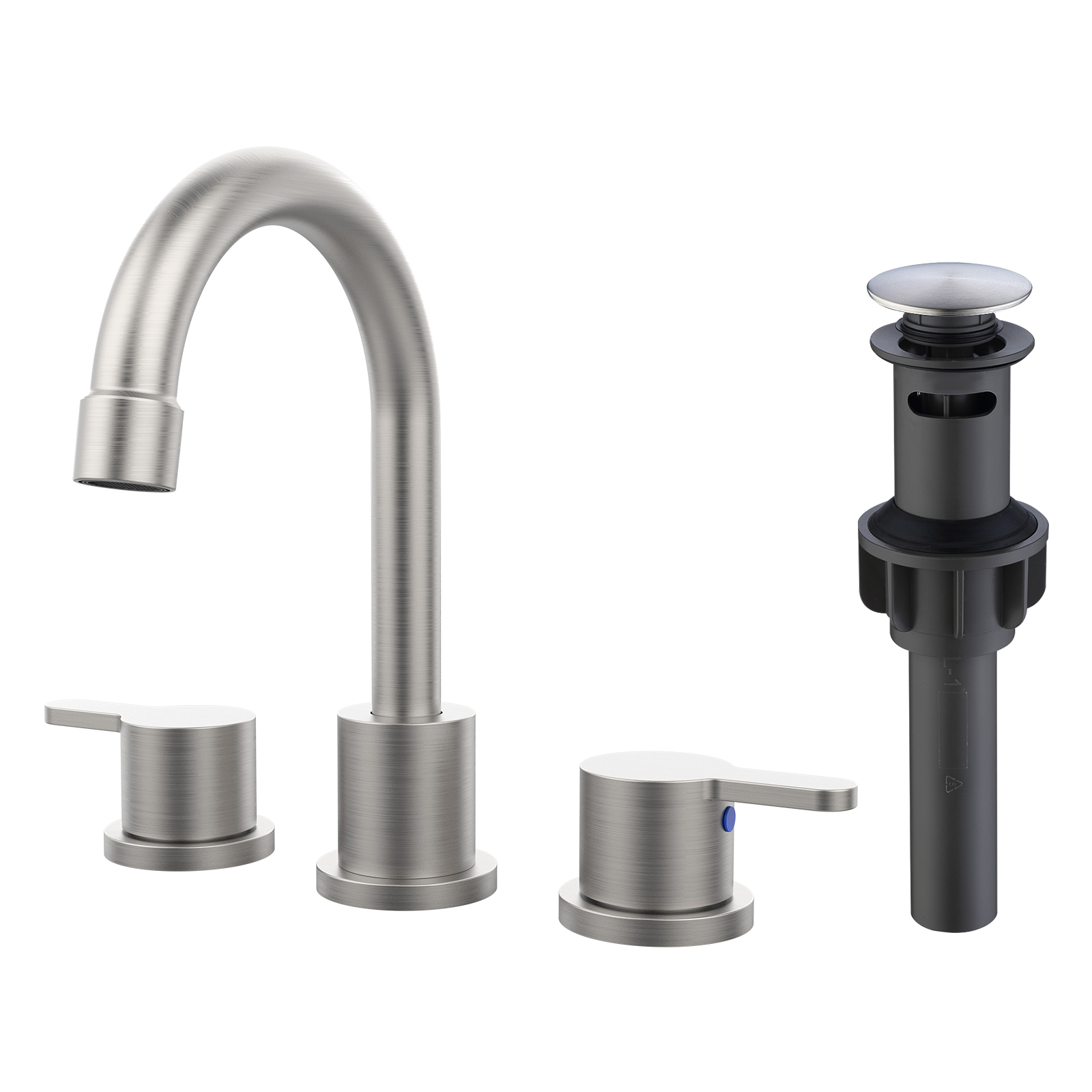 Widespread Bathroom Sink Faucet Brushed Nickel 2 Handle 8 inch 3 Hole 360°Swivel Spout Vanity Sink with Pop Up Drain Assembly