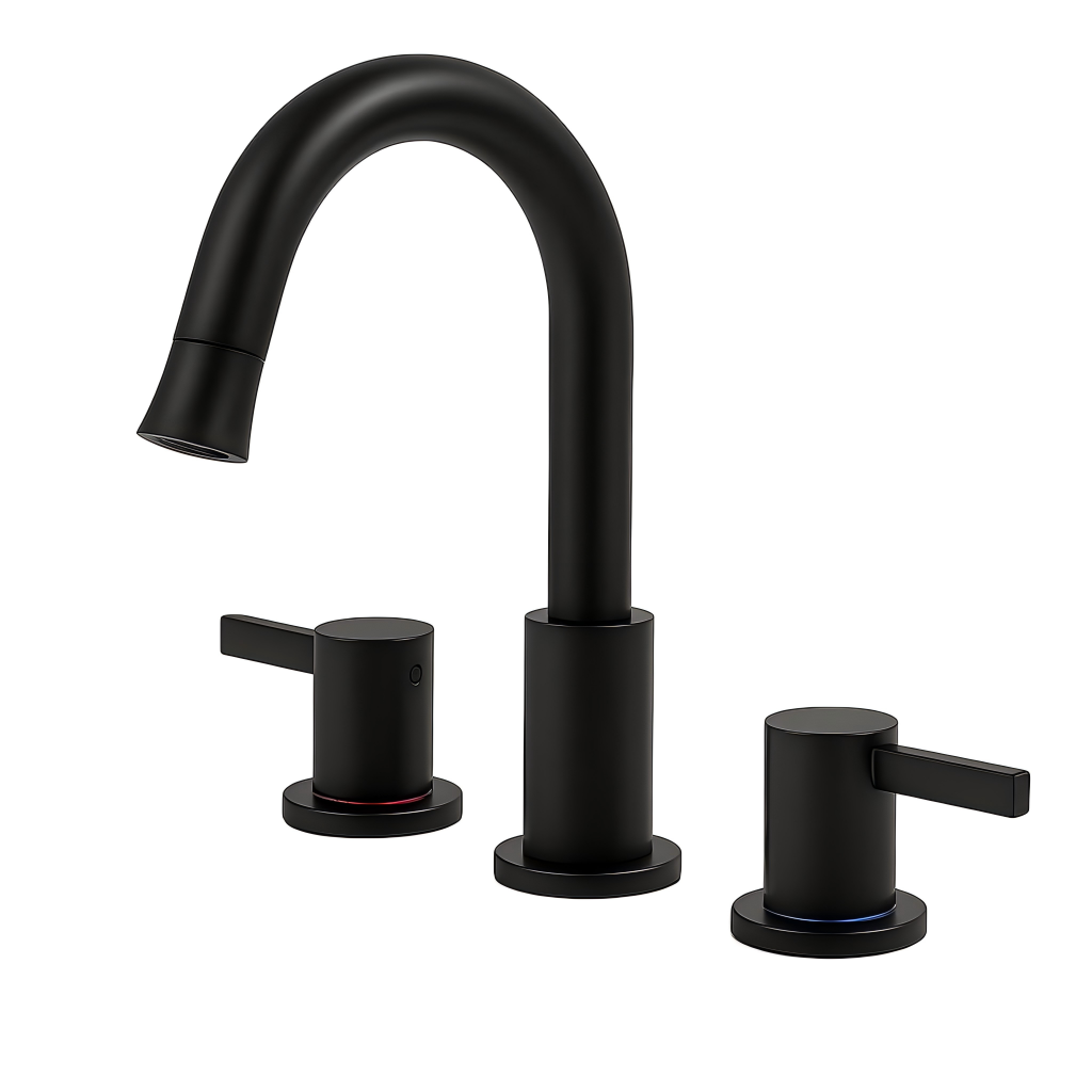 8-Inch Widespread Bathroom Faucet, 2-Handle 3-Hole with 360° Pull-Down Sprayer and Pop-Up Drain, Matte Black