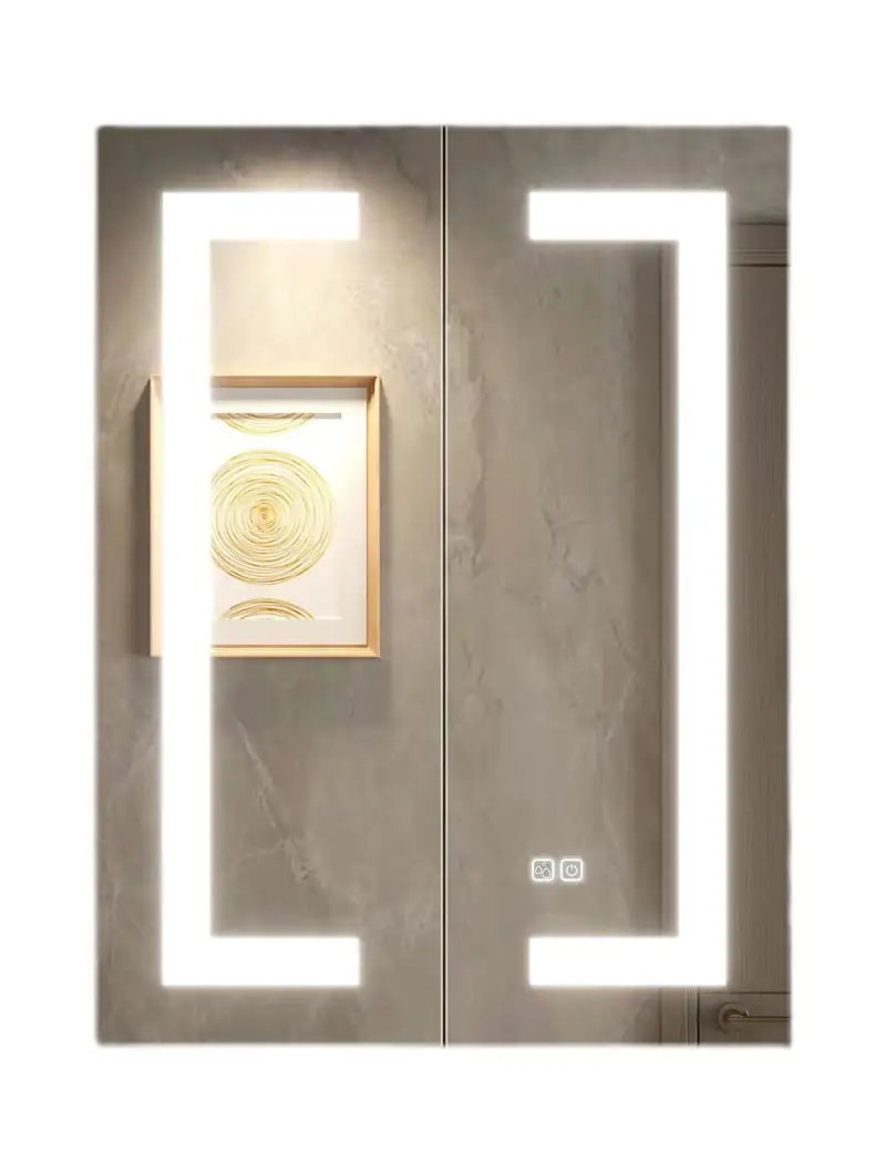 LED Bathroom Wall Medicine Cabinet Mirror 32"x24" Lighted Mirror with Storage Recessed or Surface 2 Doors Dimmable 3 Colors Temperature Anti-Fog Adjustable Shelf 2 Sockets 2 USB Interfaces