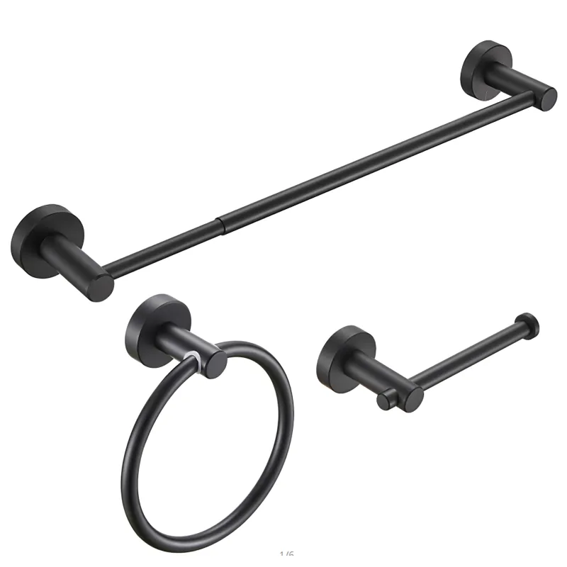 Bathroom Hardware Set, Thicken Space Aluminum 3 PCS Towel bar Set- Matte Black 16-27 in Adjustable Bathroom Accessories Set