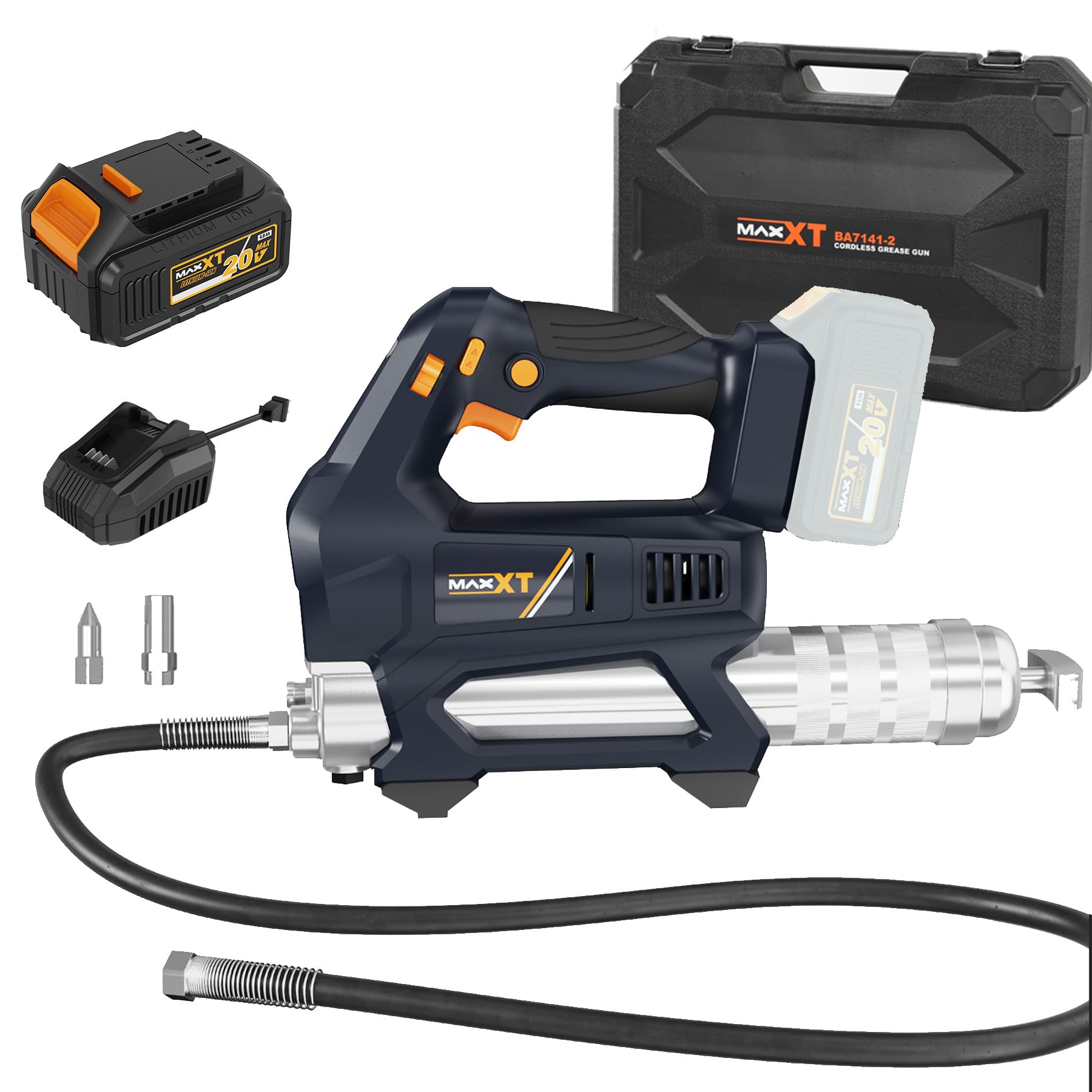 Heavy Equipment Grease Gun Cordless, Max 20000 PSI 20V Grease Gun Battery Powered with 4.0Ah Battery and Quick Charger, 40” Long Hose and LED Light, 6 Speed Electric Grease Gun