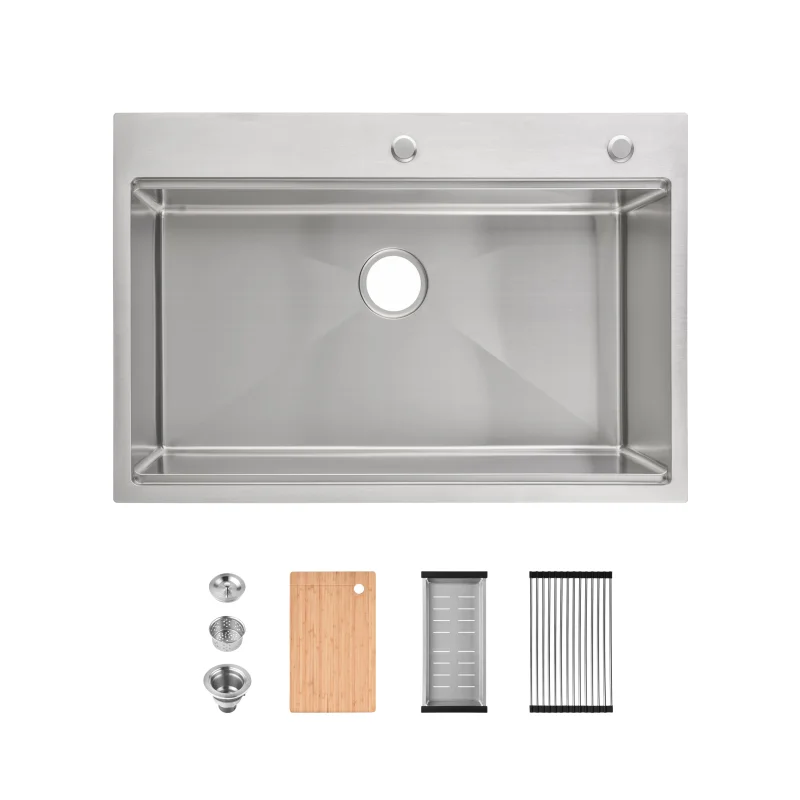 Stainless Steel Kitchen Sink, 33″x22″ Single Bowl, Overmount Handmade Sink in Dark Gray, with Cutting Board, Colander