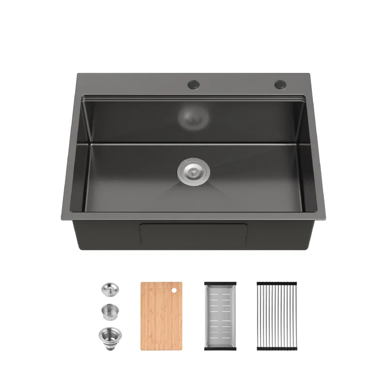 Stainless Steel Kitchen Sink, 30″x22″ Single Bowl, Overmount Handmade Sink in Black, with Cutting Board, Colander