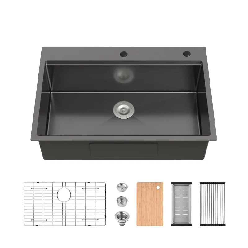 Stainless Steel Kitchen Sink, 33″x22″ Single Bowl, Overmount Handmade Sink in Black, with Cutting Board, Colander, Grid