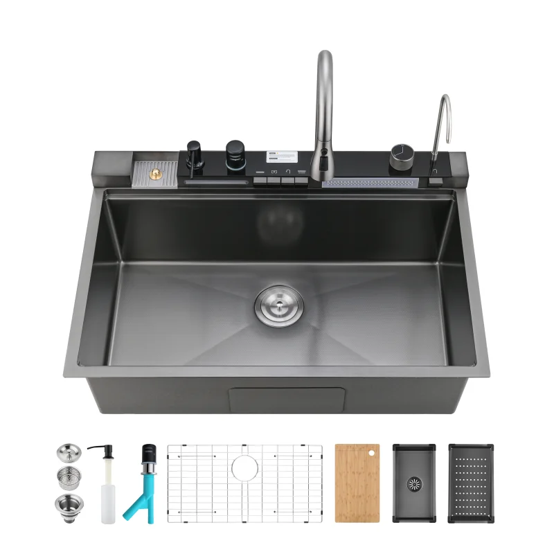 Pull-out Faucet Single Bowl Sink Kitchen Vegetable Sink 304 33"x22" Whale Waterfall Sink Stainless Steel Dish Sink wIth Dishwasher Accessories Household Vegetable Washing Basin, Black